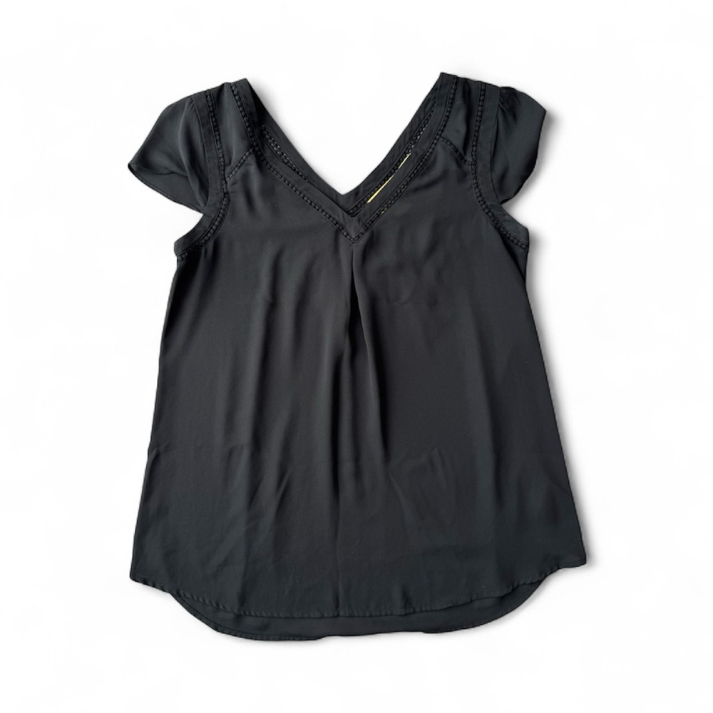 Women's Maeve Black V-Neck Blouse Top with Stitching Details